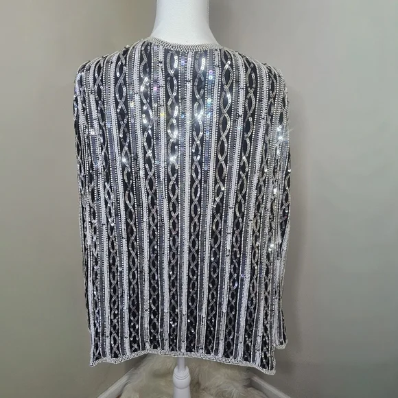 Papell Boutique Vintage 80s Black & Silver Beaded Sequin Silk Evening Jacket - Picture 9 of 13